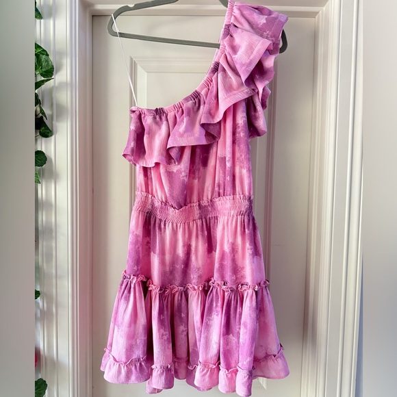 BUDDY LOVE One Shoulder Dress Pink Purple Tie Dye Ruffled Boutique Mini Dress M - Picture 2 of 6